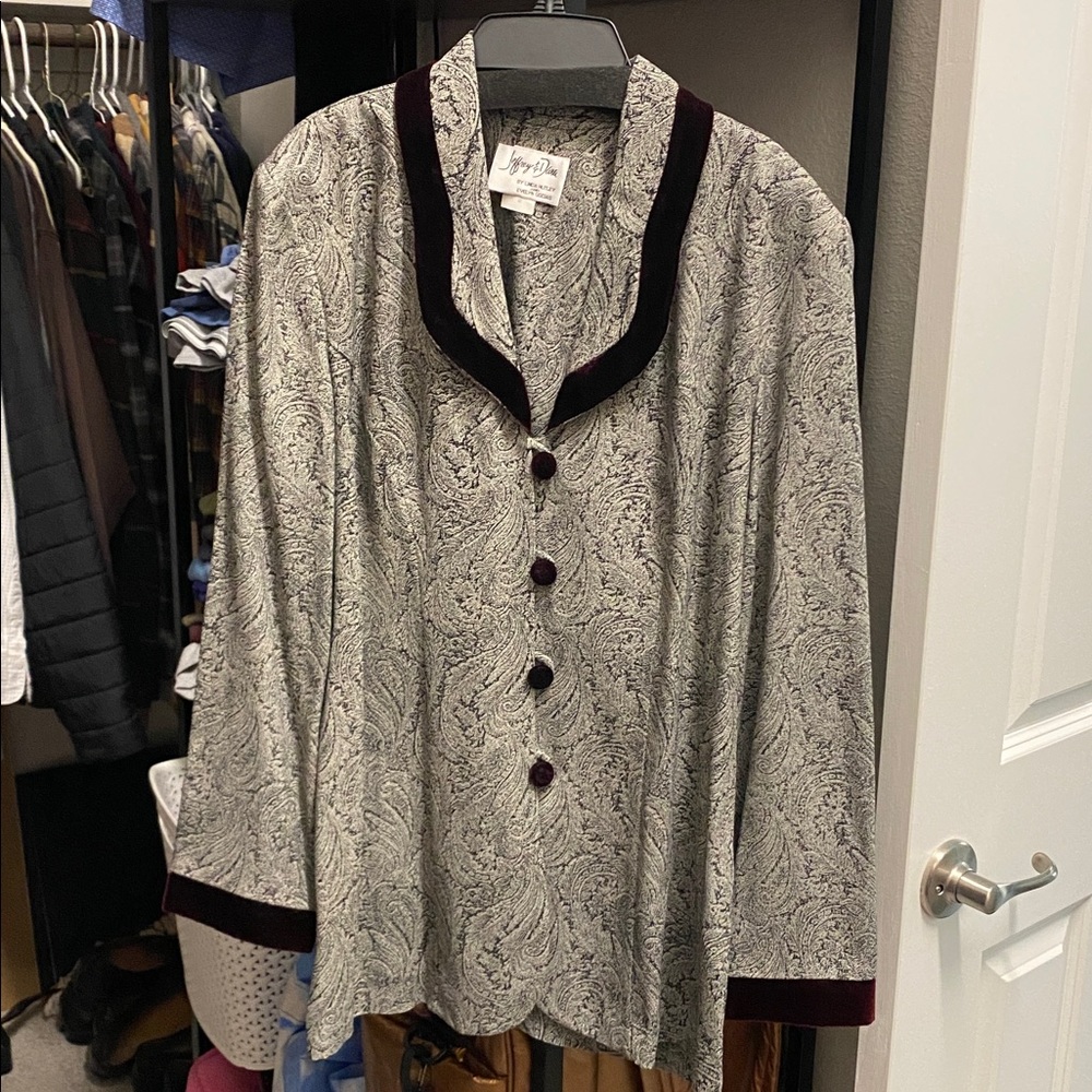 Gray and Black Paisley Blazer with Velvet Trim